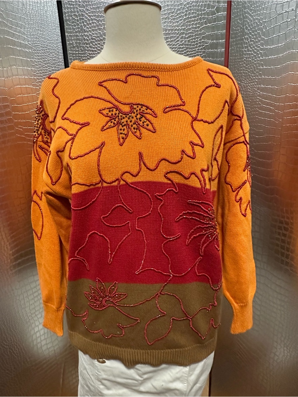 Escada Vintage Orange, Red & Brown Floral Embroidered Beaded Crewneck Sweater